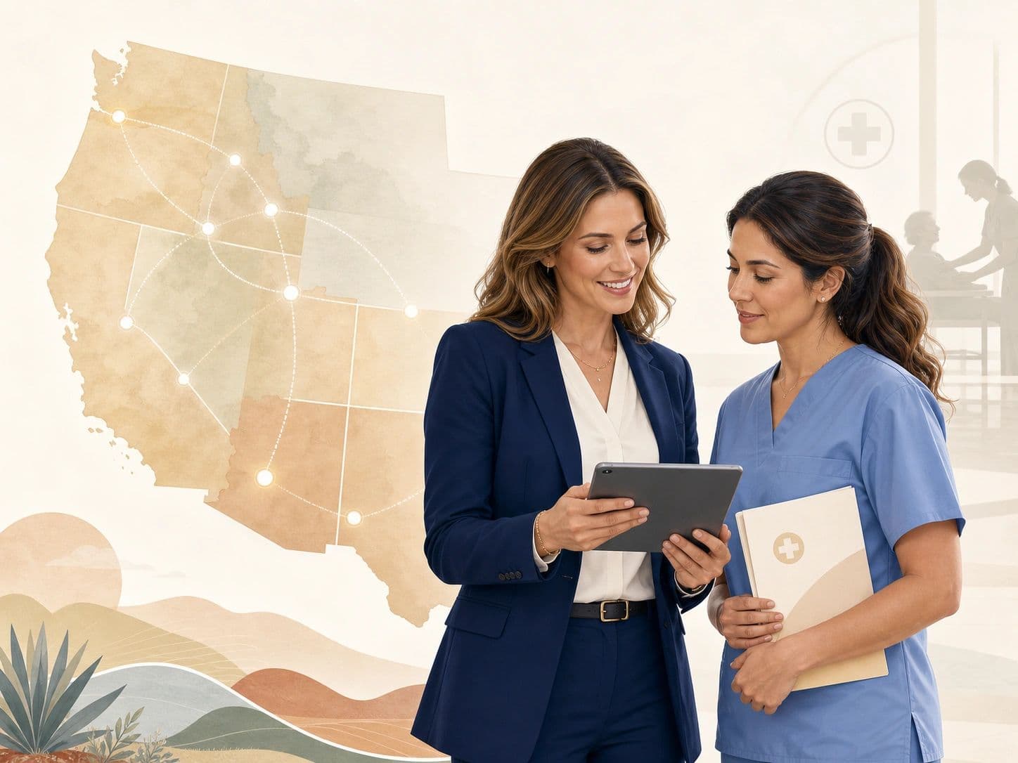 Insurance advisor and nurse reviewing a tablet in front of a map of the western United States